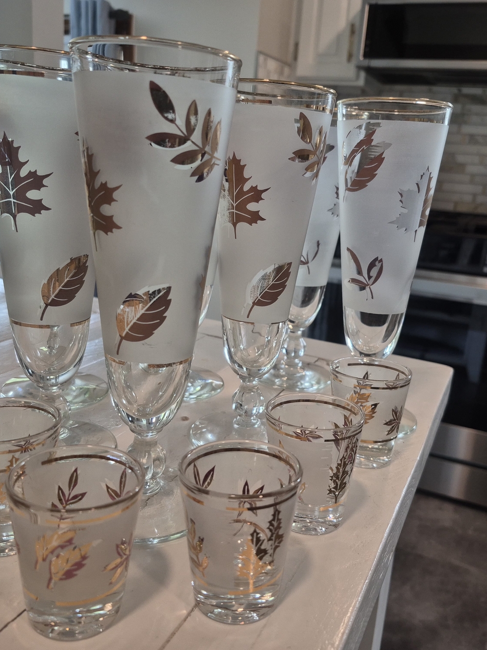 Frosted Glass Stemware and Shot Glass Set with Gold Leaf Motif - White and Gold
